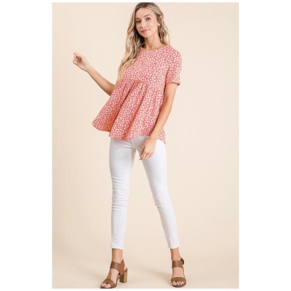 CLEARANCE Ditsy Coral Floral Short Sleeve Babydoll Top - Picture 5 of 5
